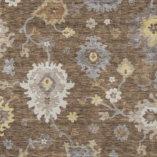 Chocolate Taupe And White Floral Washable Indoor Outdoor Area Rug Photo 5