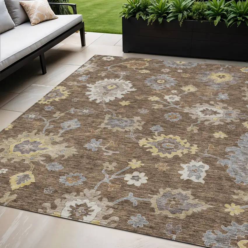 Chocolate Taupe And White Floral Washable Indoor Outdoor Area Rug Photo 1