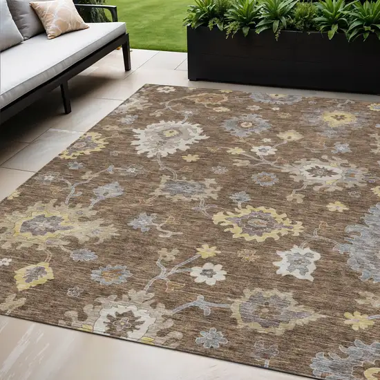 Chocolate Taupe And White Floral Washable Indoor Outdoor Area Rug Photo 1