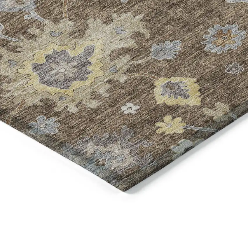 Chocolate Taupe And White Floral Washable Indoor Outdoor Area Rug Photo 3