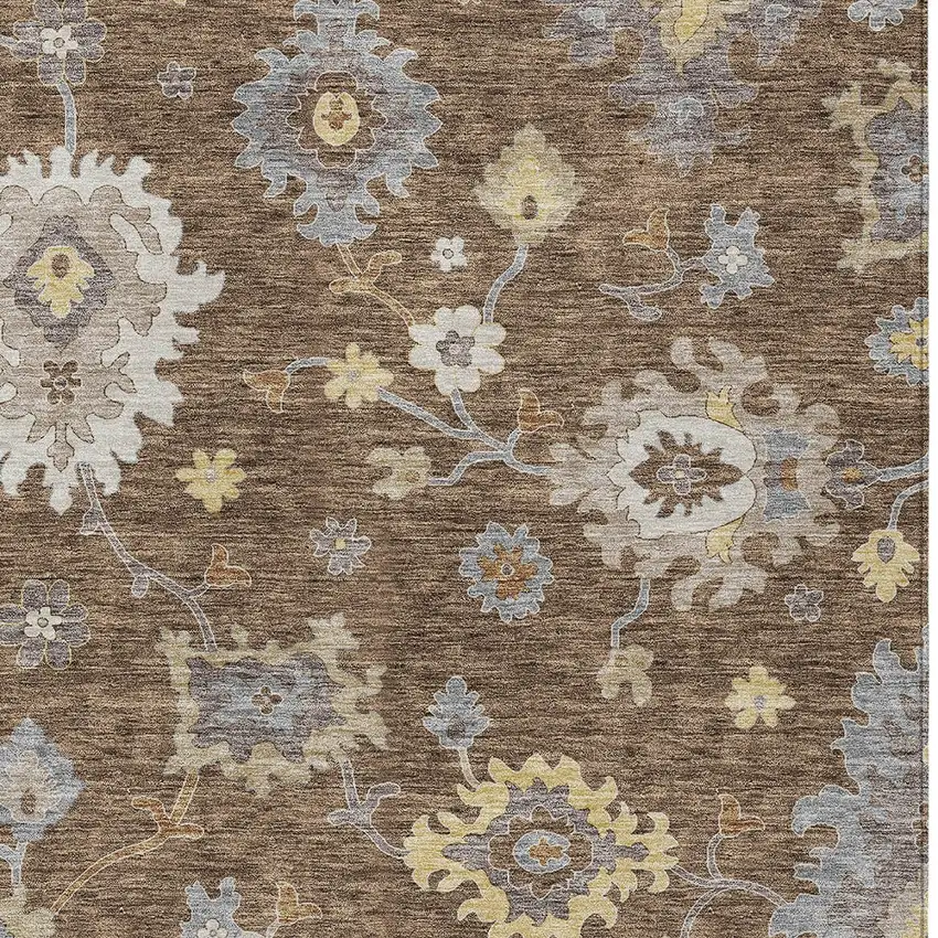 Chocolate Taupe And White Floral Washable Indoor Outdoor Area Rug Photo 5