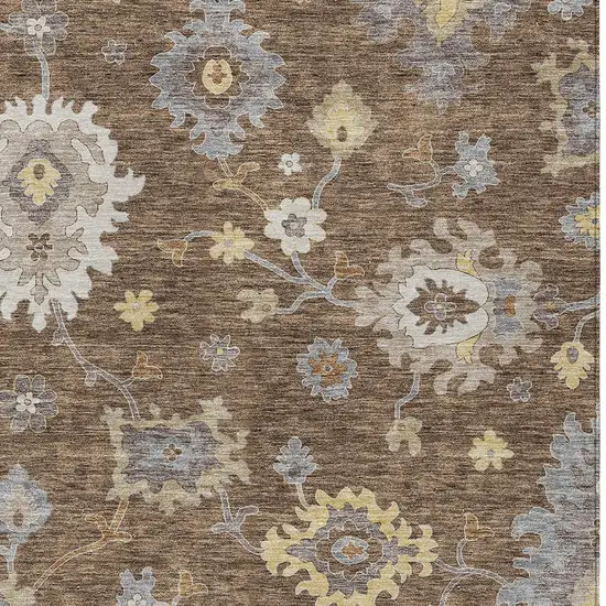 Chocolate Taupe And White Floral Washable Indoor Outdoor Area Rug Photo 5