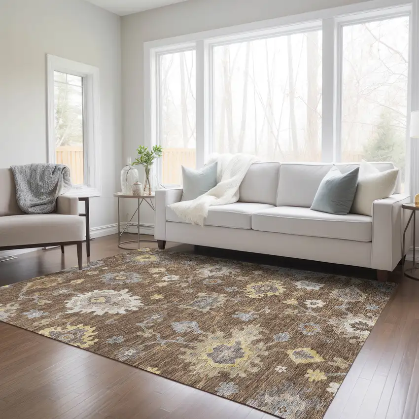 Chocolate Taupe And White Floral Washable Indoor Outdoor Area Rug Photo 9