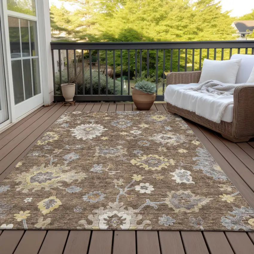 Chocolate Taupe And White Floral Washable Indoor Outdoor Area Rug Photo 7