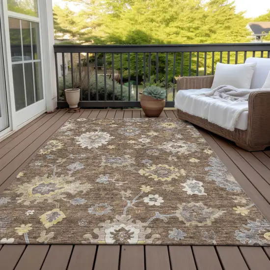 Chocolate Taupe And White Floral Washable Indoor Outdoor Area Rug Photo 7