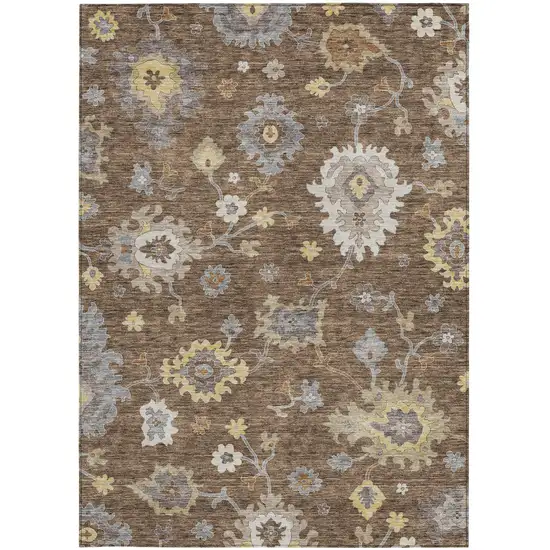 Chocolate Taupe And White Floral Washable Indoor Outdoor Area Rug Photo 6