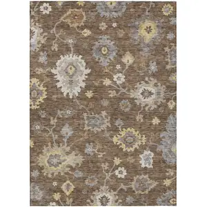 Photo of Chocolate Taupe And White Floral Washable Indoor Outdoor Area Rug