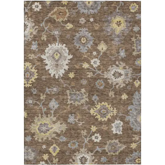 Chocolate Taupe And White Floral Washable Indoor Outdoor Area Rug Photo 1
