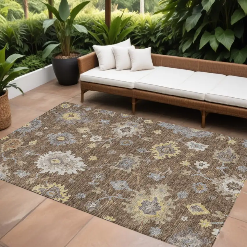 Chocolate Taupe And White Floral Washable Indoor Outdoor Area Rug Photo 1