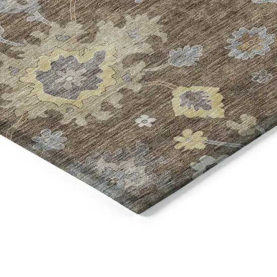 Chocolate Taupe And White Floral Washable Indoor Outdoor Area Rug Photo 3