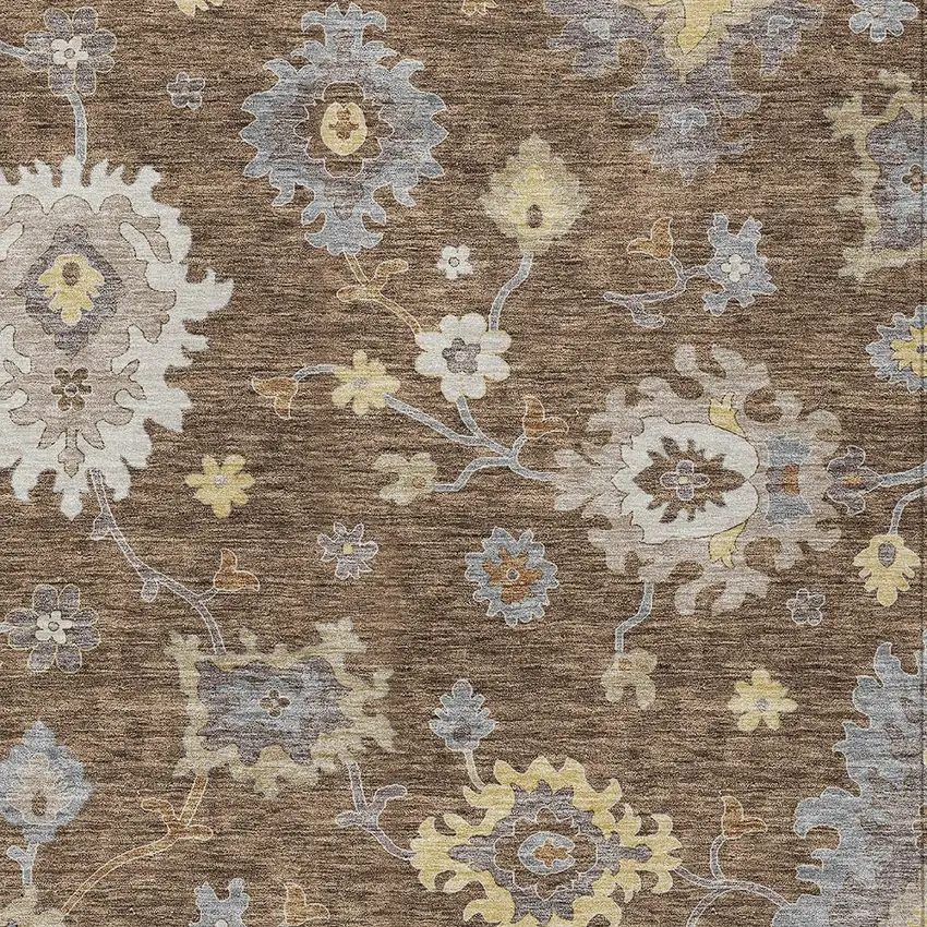 Chocolate Taupe And White Floral Washable Indoor Outdoor Area Rug Photo 5