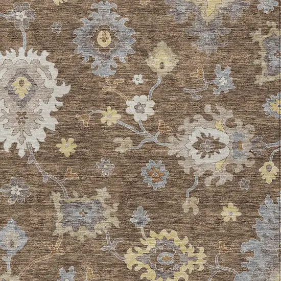 Chocolate Taupe And White Floral Washable Indoor Outdoor Area Rug Photo 5
