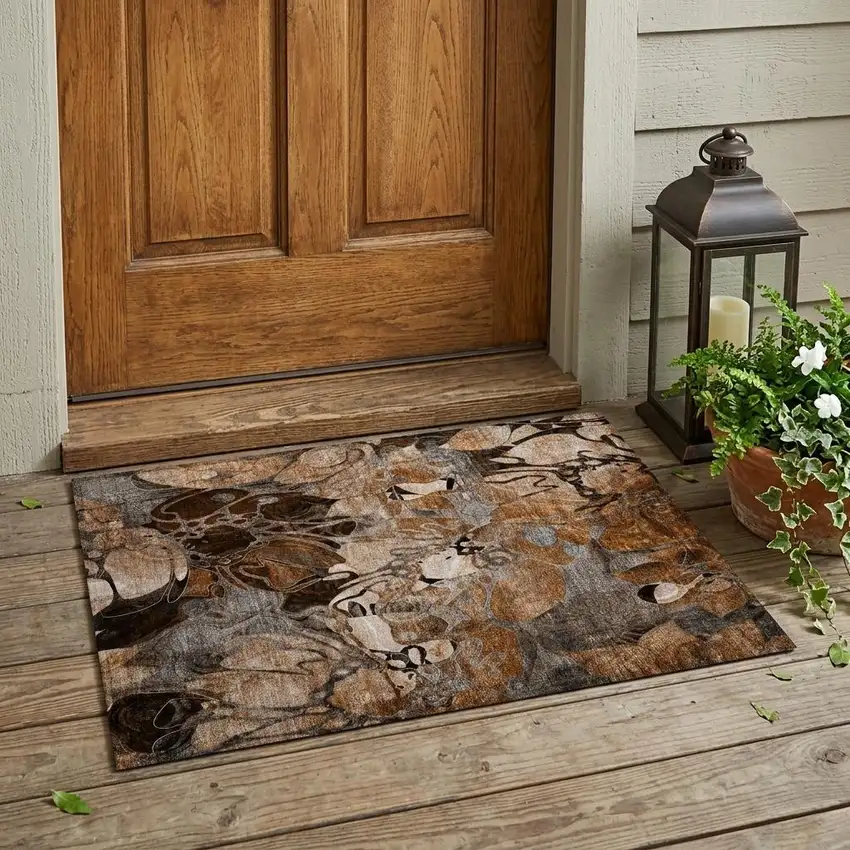 Chocolate Terracotta and Ivory Abstract Washable Indoor Outdoor Area Rug Photo 1