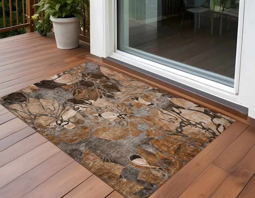 Chocolate Terracotta and Ivory Abstract Washable Indoor Outdoor Area Rug Photo 1