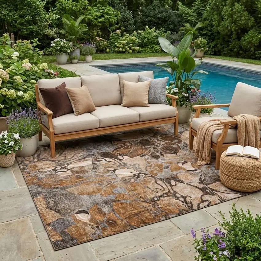 Chocolate Terracotta and Ivory Abstract Washable Indoor Outdoor Area Rug Photo 1