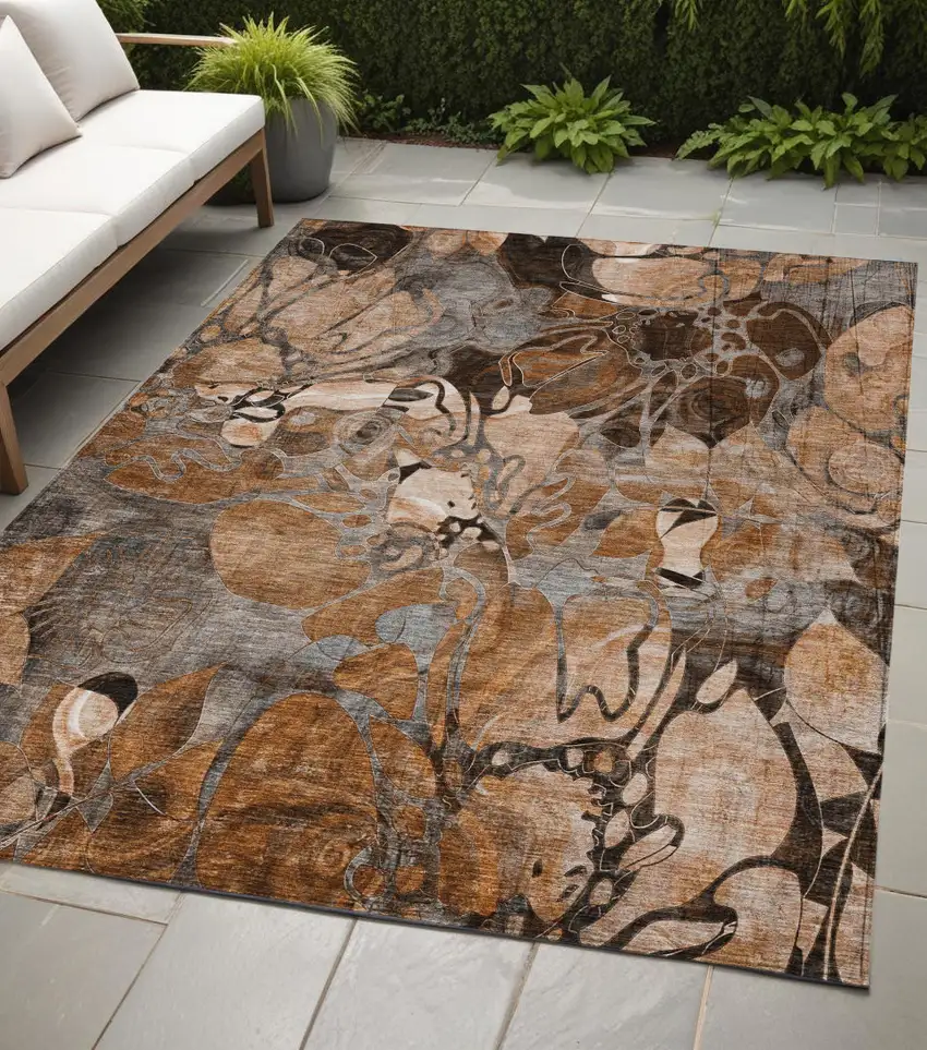Chocolate Terracotta and Ivory Abstract Washable Indoor Outdoor Area Rug Photo 1