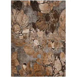 Photo of Chocolate Terracotta and Ivory Floral Washable Non Skid Indoor Outdoor Area Rug