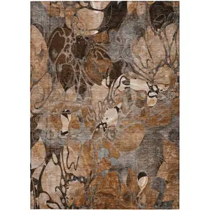 Photo of Chocolate Terracotta and Ivory Floral Washable Non Skid Indoor Outdoor Area Rug