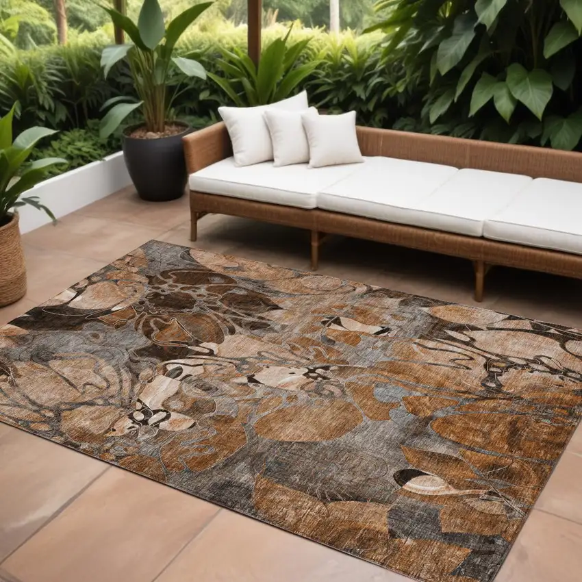 Chocolate Terracotta and Ivory Abstract Washable Indoor Outdoor Area Rug Photo 1