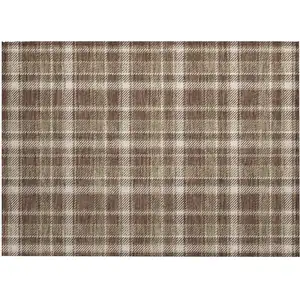 Photo of Chocolate and Ivory Plaid Washable Non Skid Indoor Outdoor Area Rug