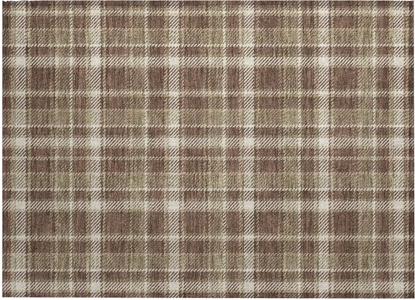 Chocolate and Ivory Plaid Washable Non Skid Indoor Outdoor Area Rug Photo 2