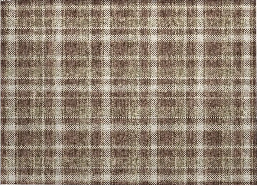 Chocolate and Ivory Plaid Washable Non Skid Indoor Outdoor Area Rug Photo 2