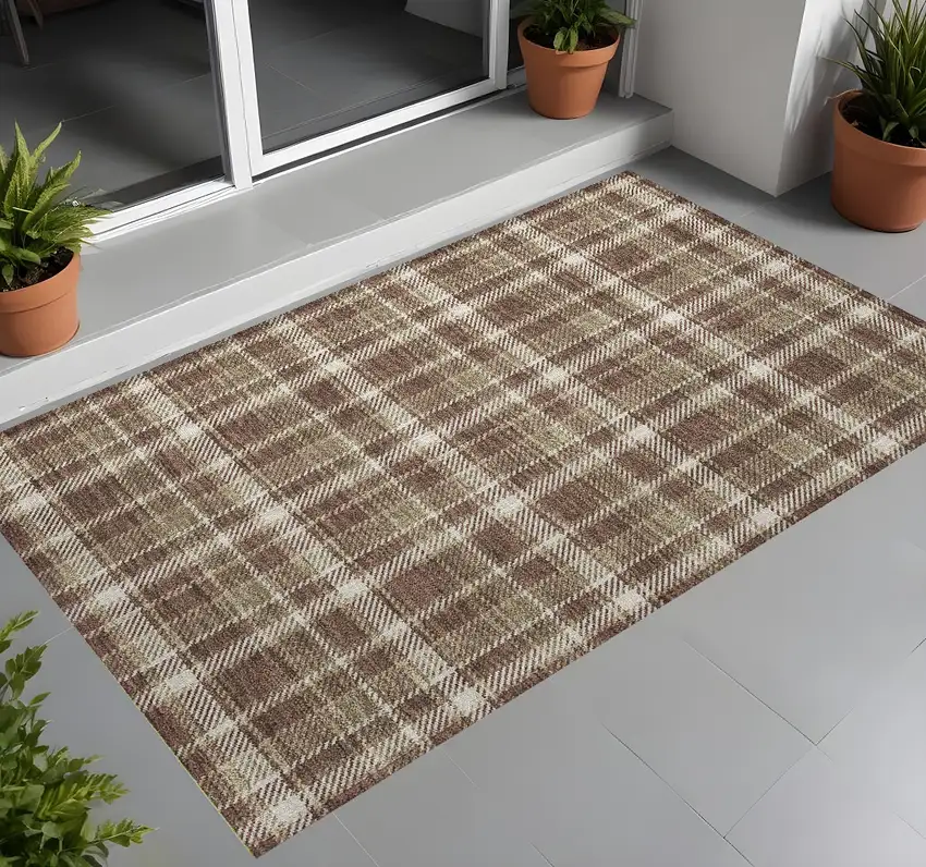 Chocolate and Ivory Plaid Washable Non Skid Indoor Outdoor Area Rug Photo 1