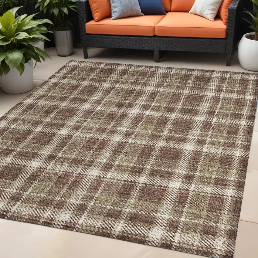 Chocolate and Ivory Plaid Washable Non Skid Indoor Outdoor Area Rug Photo 1
