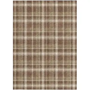 Photo of Chocolate and Ivory Plaid Washable Non Skid Indoor Outdoor Area Rug