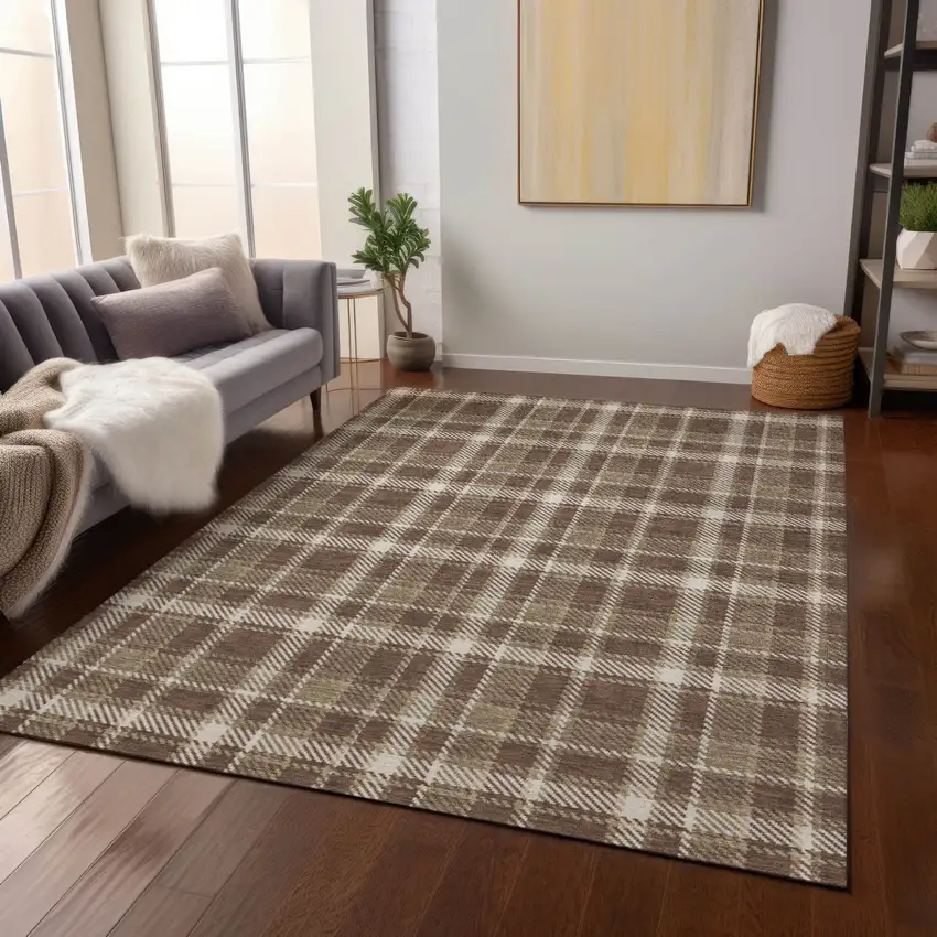 Chocolate and Ivory Plaid Washable Non Skid Indoor Outdoor Area Rug Photo 9