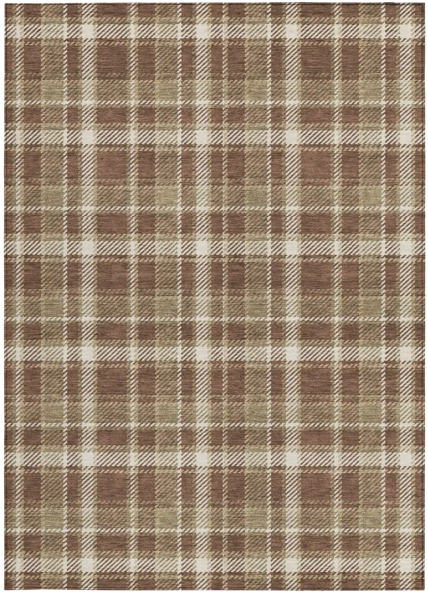 Chocolate and Ivory Plaid Washable Non Skid Indoor Outdoor Area Rug Photo 5