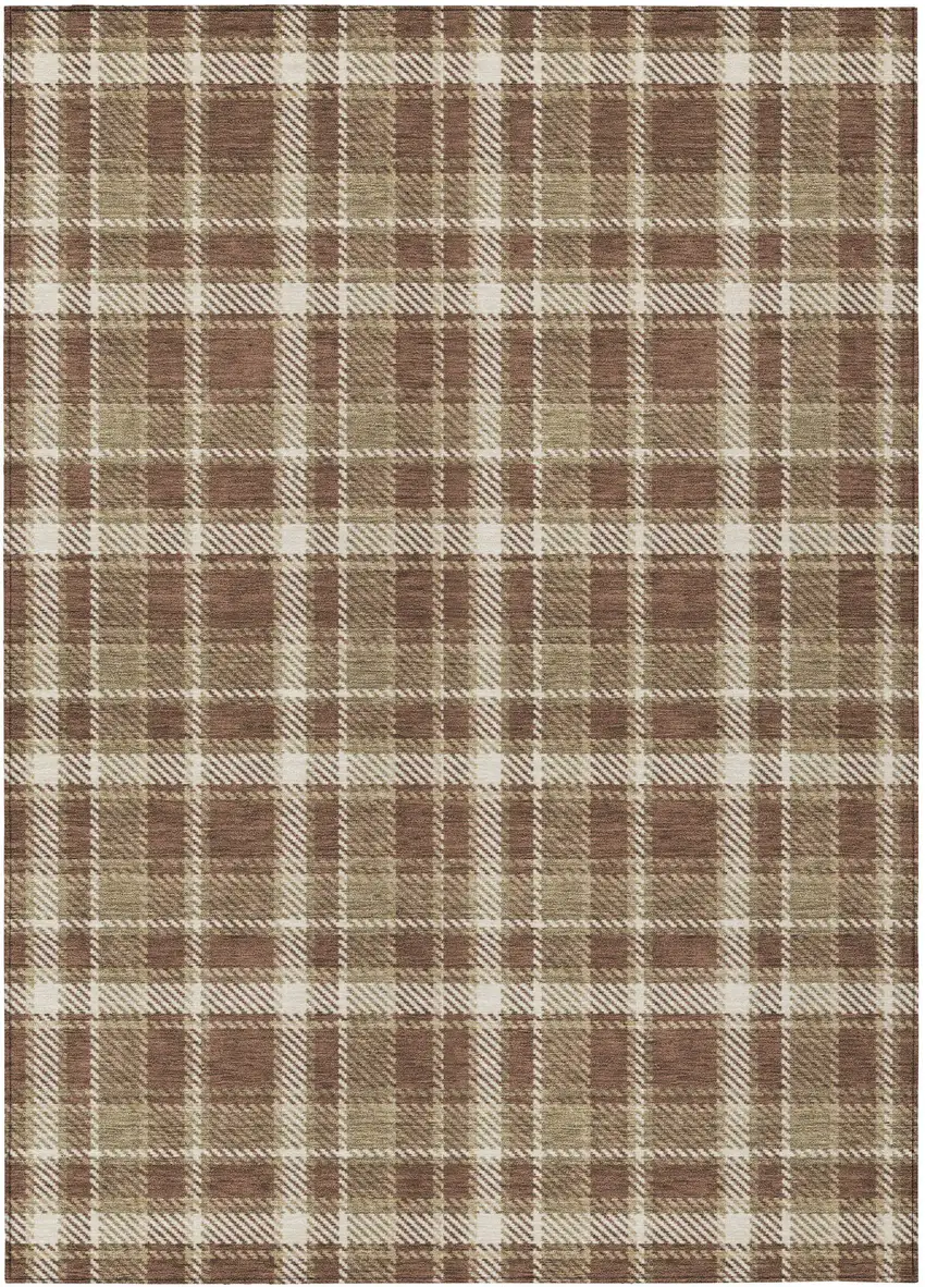 Chocolate and Ivory Plaid Washable Non Skid Indoor Outdoor Area Rug Photo 2