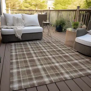 Photo of Chocolate and Ivory Plaid Washable Non Skid Indoor Outdoor Area Rug
