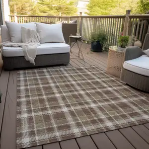 Photo of Chocolate and Ivory Plaid Washable Non Skid Indoor Outdoor Area Rug