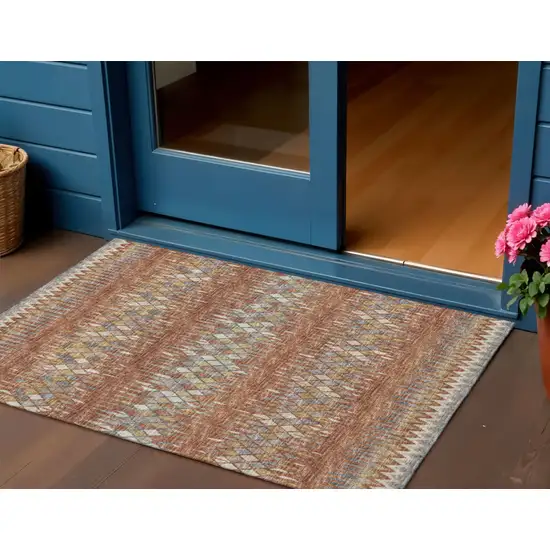 Cinnamon And Blue Ikat Washable Indoor Outdoor Area Rug Photo 1