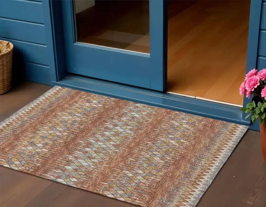Cinnamon And Blue Ikat Washable Indoor Outdoor Area Rug Photo 1