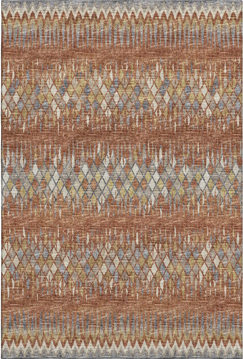 Cinnamon And Blue Ikat Washable Indoor Outdoor Area Rug Photo 2