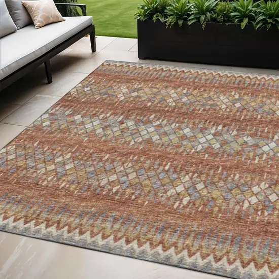 Cinnamon And Blue Ikat Washable Indoor Outdoor Area Rug Photo 1