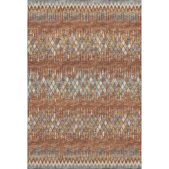 Cinnamon And Blue Ikat Washable Indoor Outdoor Area Rug Photo 2