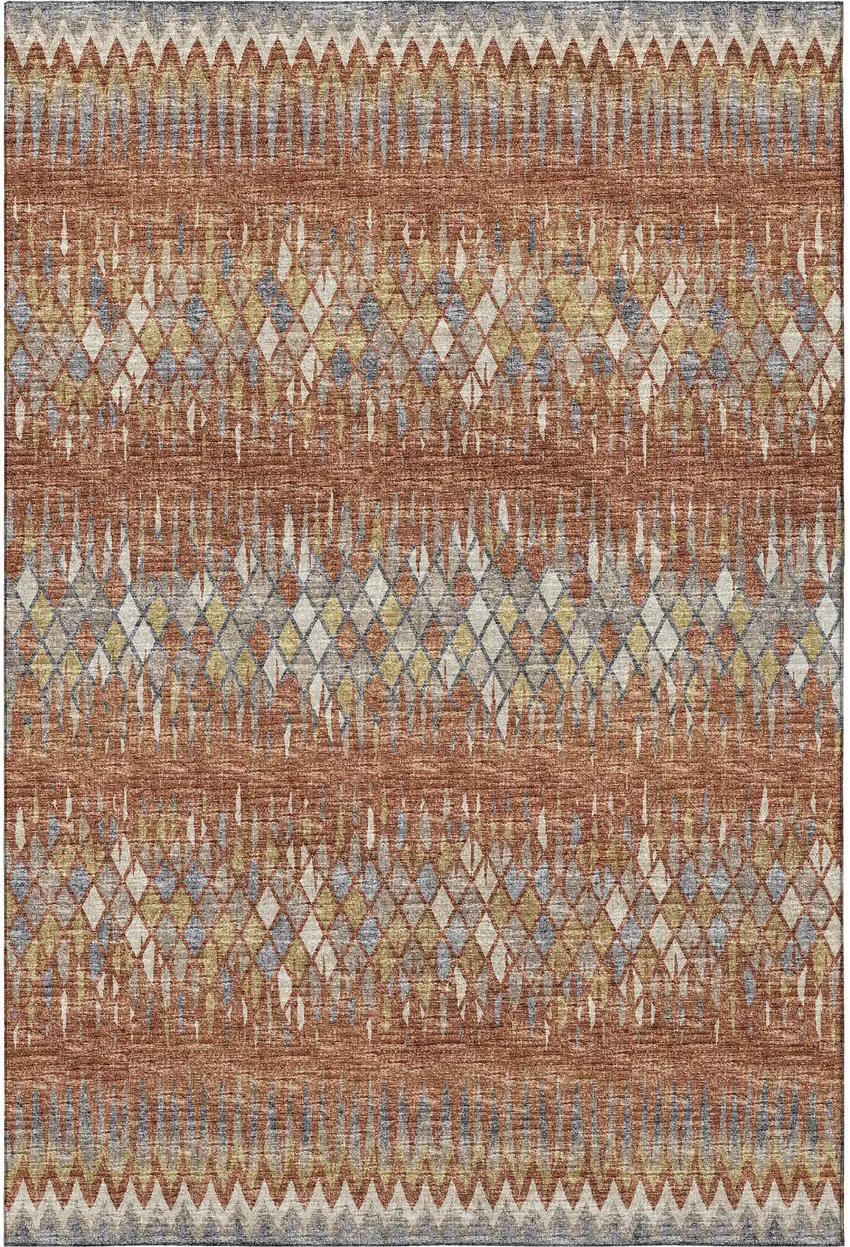 Cinnamon And Blue Ikat Washable Indoor Outdoor Area Rug Photo 4