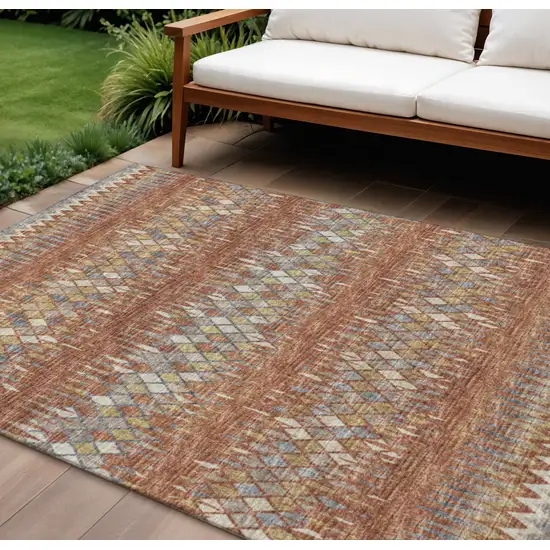 Cinnamon And Blue Ikat Washable Indoor Outdoor Area Rug Photo 1