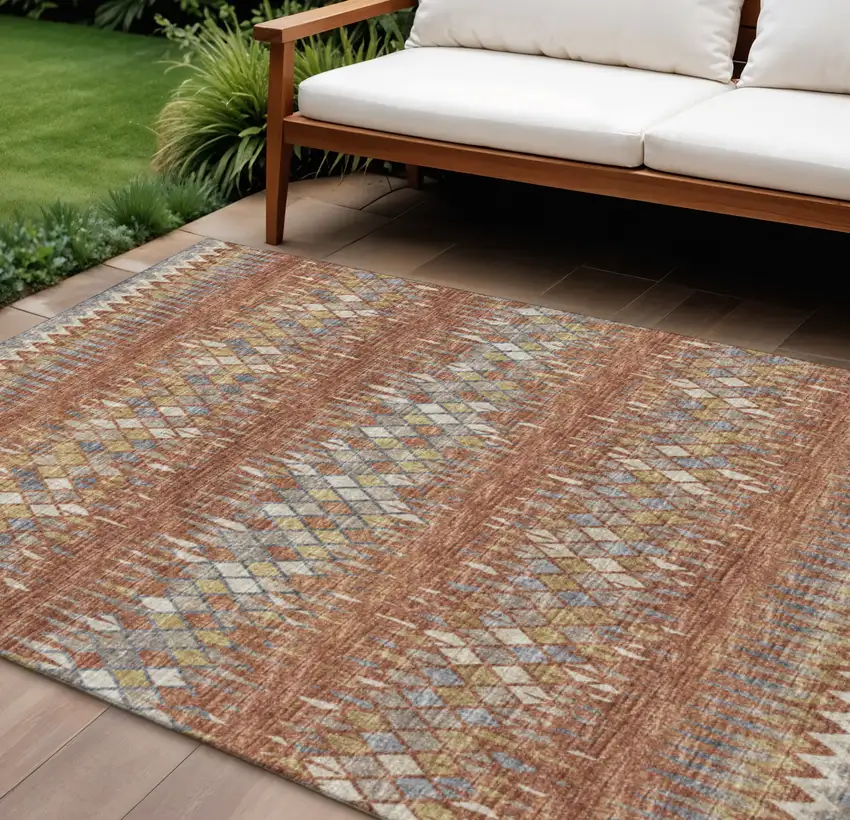 Cinnamon And Blue Ikat Washable Indoor Outdoor Area Rug Photo 1