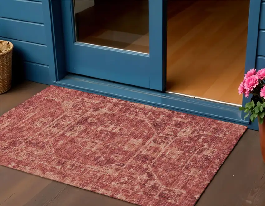 Cinnamon And Red Tribal Washable Indoor Outdoor Area Rug Photo 1