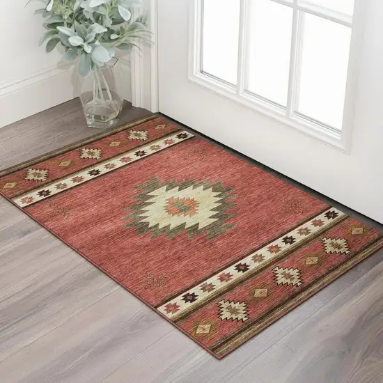 Cinnamon Ivory And Beige Geometric Washable Area Rug With UV Protection Photo 1