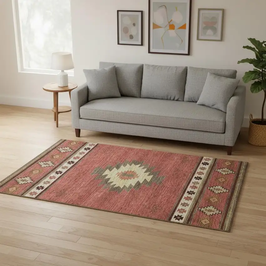 Cinnamon Ivory And Beige Geometric Washable Area Rug With UV Protection Photo 1