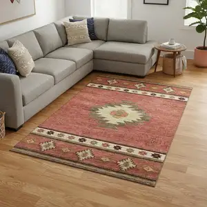 Photo of Cinnamon Ivory And Beige Geometric Washable Area Rug With UV Protection