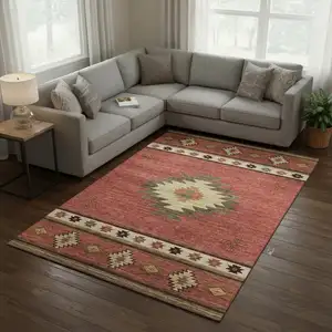 Photo of Cinnamon Ivory And Beige Geometric Washable Area Rug With UV Protection