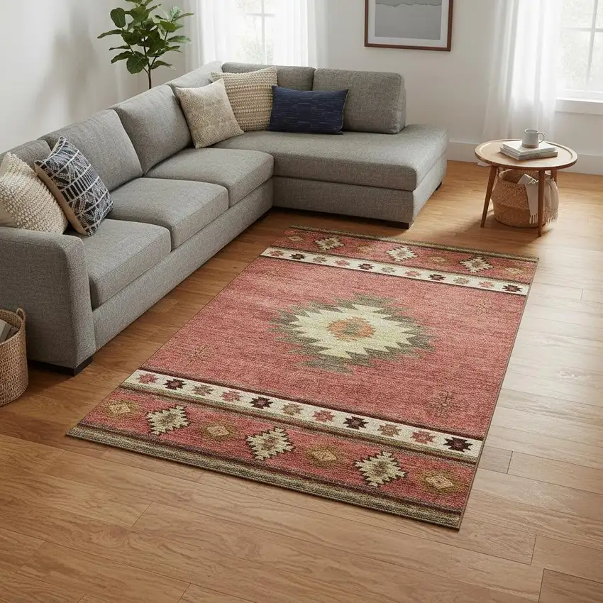 Cinnamon Ivory And Beige Geometric Washable Area Rug With UV Protection Photo 1