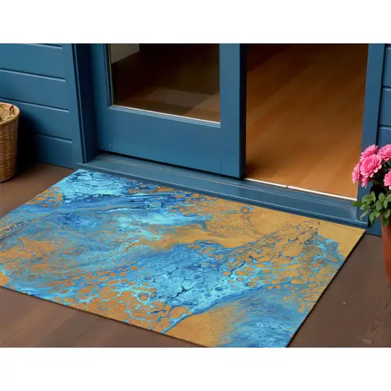 Cobalt And Copper Abstract Washable Indoor Outdoor Area Rug Photo 1