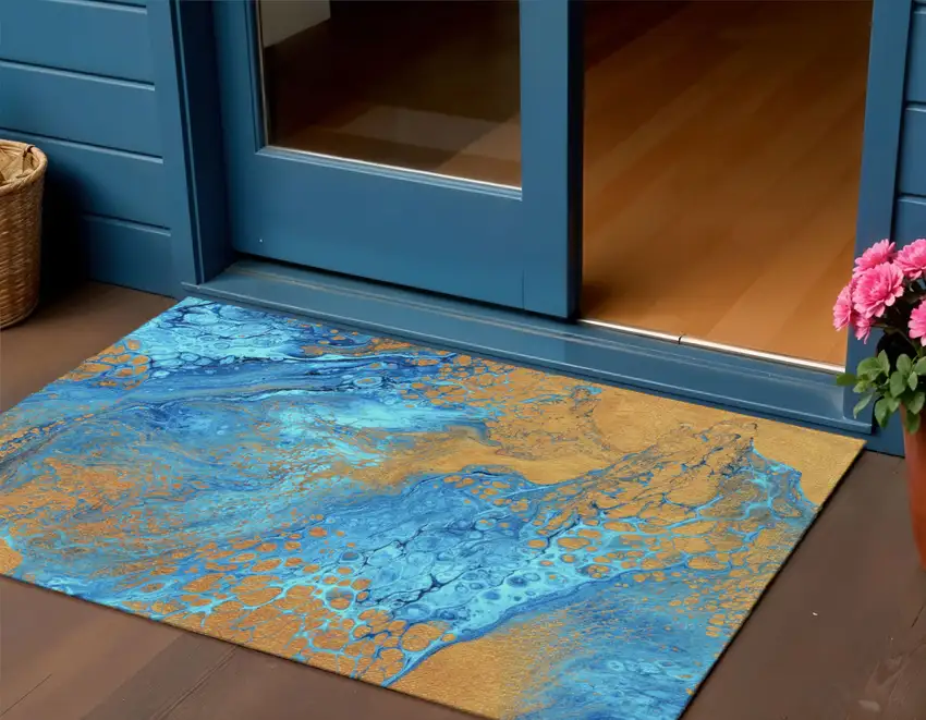 Cobalt And Copper Abstract Washable Indoor Outdoor Area Rug Photo 1